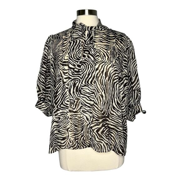Samsoe Samsoe Dorothe Chocolate Brown  Zebra Print Tie Neck Blouse Large - Picture 2 of 13